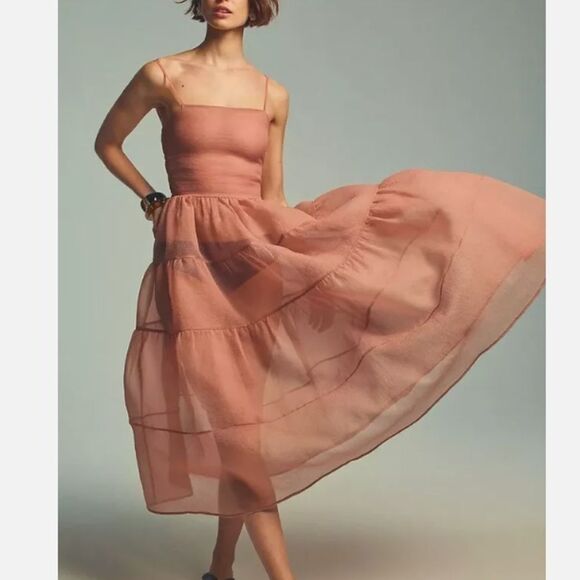 Anthropologie Dresses & Skirts - Anthropologie X OhSevenDays Tiered Sheer Midi Dress Size XS color blush
